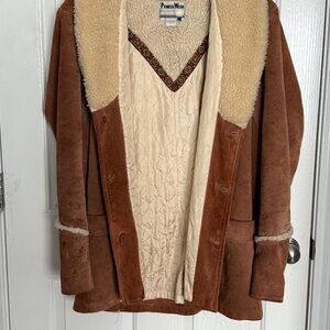 Pioneer Wear Vintage Mens Shearling Suede Coat With Embroidered Trim & Quilted L